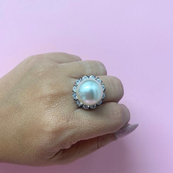 HC Marked Sterling Silver Ring with Big Faux Pearl and CZ Gold Plated Size 8 - Picture 4 of 5